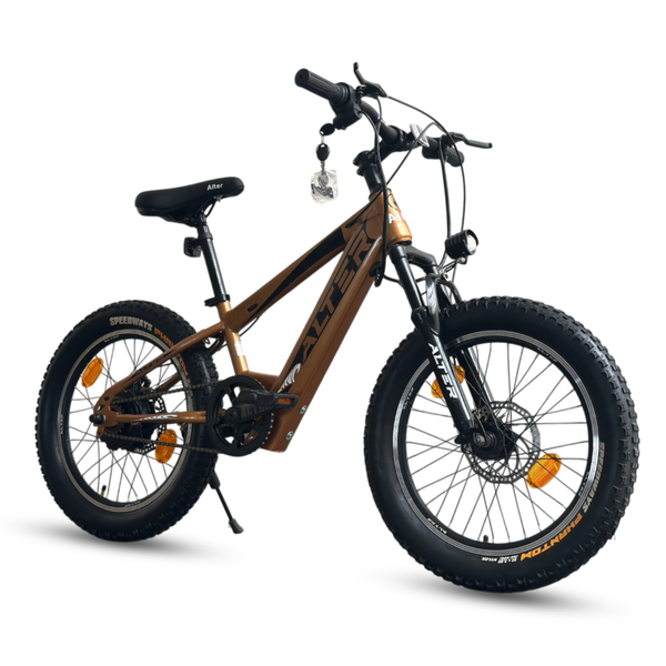20" HANZOR-X MODEL KIDS ELECTRIC CYCLE WITH 24V 250W BLDC HUB MOTOR, LI-ION INBUILT BATTERY, 95% PRE-ASSEMBLED WITH CHARGER (BRONZE & BLACK) Alter Bikes