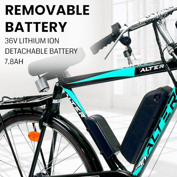 ALTER 26" 002S CLASSIC MODEL ELECTRIC CYCLE | BLDC HUB |RALEIGH TYPE | VOLTAGE THROTTLE | 95% PRE - ASSEMBLED WITH CHARGER (AQUA BLUE, 15.6AH) - Alter Bikes