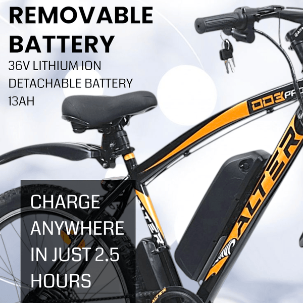ALTER 26" 003PRO MODEL ELECTRIC CYCLE| REMOVABLE LI - ION BATTERY| PAS WITH 5 CONTROL MODE| 95% PRE ASSEMBLED WITH CHARGER (GOLDEN, 13AH) - Alter Bikes