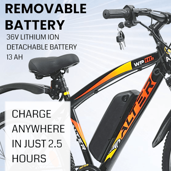 ALTER 26" (016PRO) ELECTRIC CYCLE | REMOVABLE BATTERY| INBUILT CONTROLLER |ALL WATERPROOF CONNECTOR | PAS 3 CONTROL MODE (ORANGE & YELLOW, 13AH) - Alter Bikes