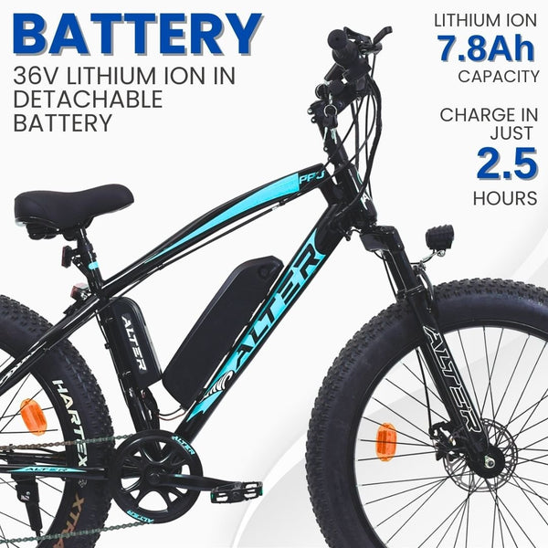 Alter 26" F - 035 PRO Model Electric Cycle with 36V 350W BLDC HUB Motor | LI - ION REMOVABLE BATTERY | SUITABLE FOR HILLY AREAS | 95% PREASSEMBLED with Charger (AQUA BLUE, 7.8 AH) - Alter Bikes