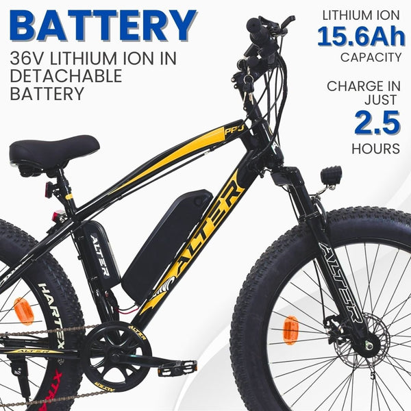 Alter 26" F - 035 PRO Model Electric Cycle with 36V 350W BLDC HUB Motor | LI - ION REMOVABLE BATTERY | SUITABLE FOR HILLY AREAS | 95% PREASSEMBLED with Charger (GOLDEN, 15.6 AH) - Alter Bikes