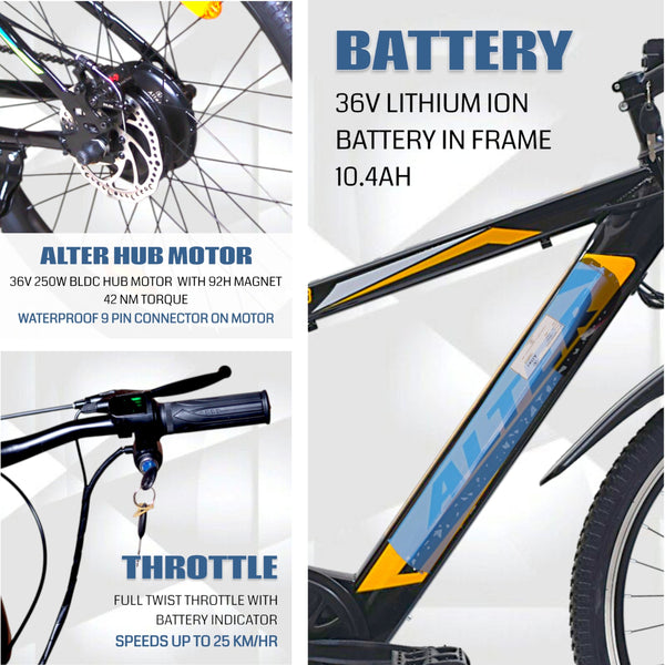 ALTER 26" 002S PRO MODEL ELECTRIC CYCLE WITH 36V 250W BLDC HUB MOTOR | LI-ION BATTERY | 95% PRE-ASSEMBLED WITH CHARGER (GOLDEN, 10.4AH) Alter Bikes