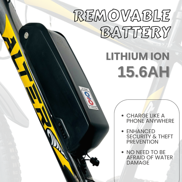 ALTER 26" 003PRO-I MODEL ELECTRIC CYCLE WITH R/L INDICATOR | REMOVABLE LI-ION BATTERY| PAS WITH 5 CONTROL MODE| 95% PRE ASSEMBLED WITH CHARGER (YELLOW, 15.6AH) Alter Bikes