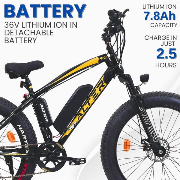 Alter 26" F-035 PRO Model Electric Cycle with 36V 350W BLDC HUB Motor | LI-ION REMOVABLE BATTERY | SUITABLE FOR HILLY AREAS | 95% PREASSEMBLED with Charger (GOLDEN, 7.8 AH) Alter Bikes