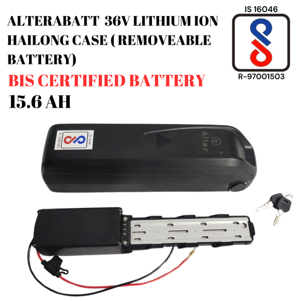ALTERABATT 36V 15.6 AH LITHIUM ION HAILONG CASE BATTERY {REMOVABLE} BATTERY {BIS CERTIFIED} Alter Bikes