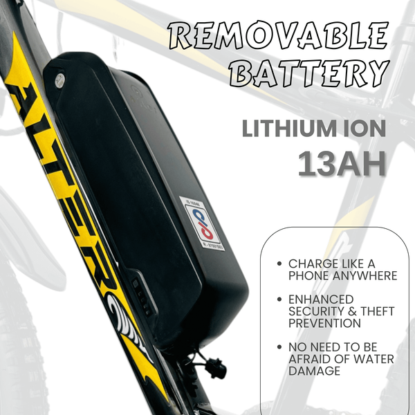 ALTER 26" 003PRO - I MODEL ELECTRIC CYCLE WITH R/L INDICATOR | REMOVABLE LI - ION BATTERY| PAS WITH 5 CONTROL MODE| 95% PRE ASSEMBLED WITH CHARGER (YELLOW, 13AH) - Alter Bikes
