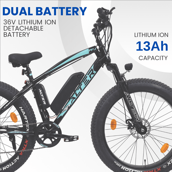 Alter 26" 005 PRO Model Electric Cycle with 36V 500W BLDC HUB Motor | LI - ION REMOVABLEBATTERY | SUITABLE FOR HILLY AREAS | 95% PREASSEMBLED with Charger (AQUA BLUE, 13 AH) - Alter Bikes
