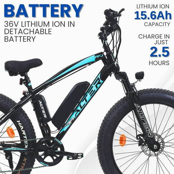 Alter 26" F - 035 PRO Model Electric Cycle with 36V 350W BLDC HUB Motor | LI - ION REMOVABLE BATTERY | SUITABLE FOR HILLY AREAS | 95% PREASSEMBLED with Charger (AQUA BLUE, 15.6 AH) - Alter Bikes